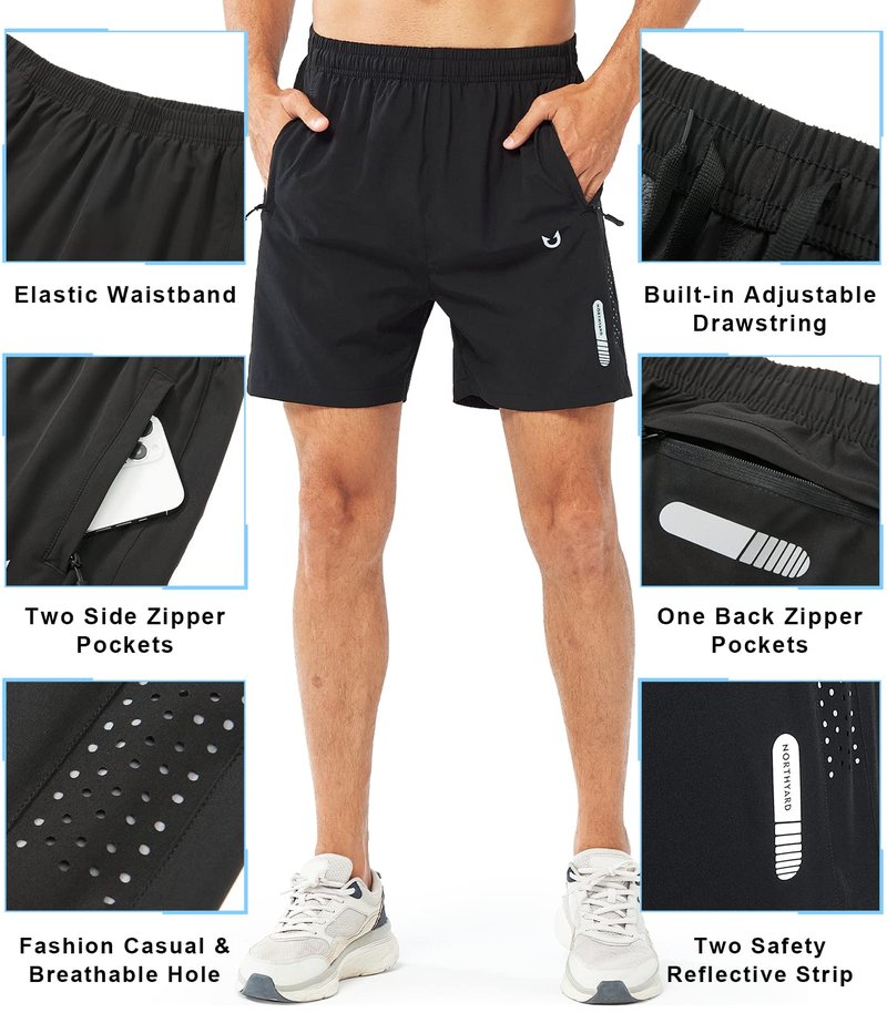 NORTHYARD Men's Athletic Running Shorts Gym Workout 7"/9"/5" Quick Dry Lightweight Sports Basketball Tennis 3 Zipper Pockets Black-5inch XL