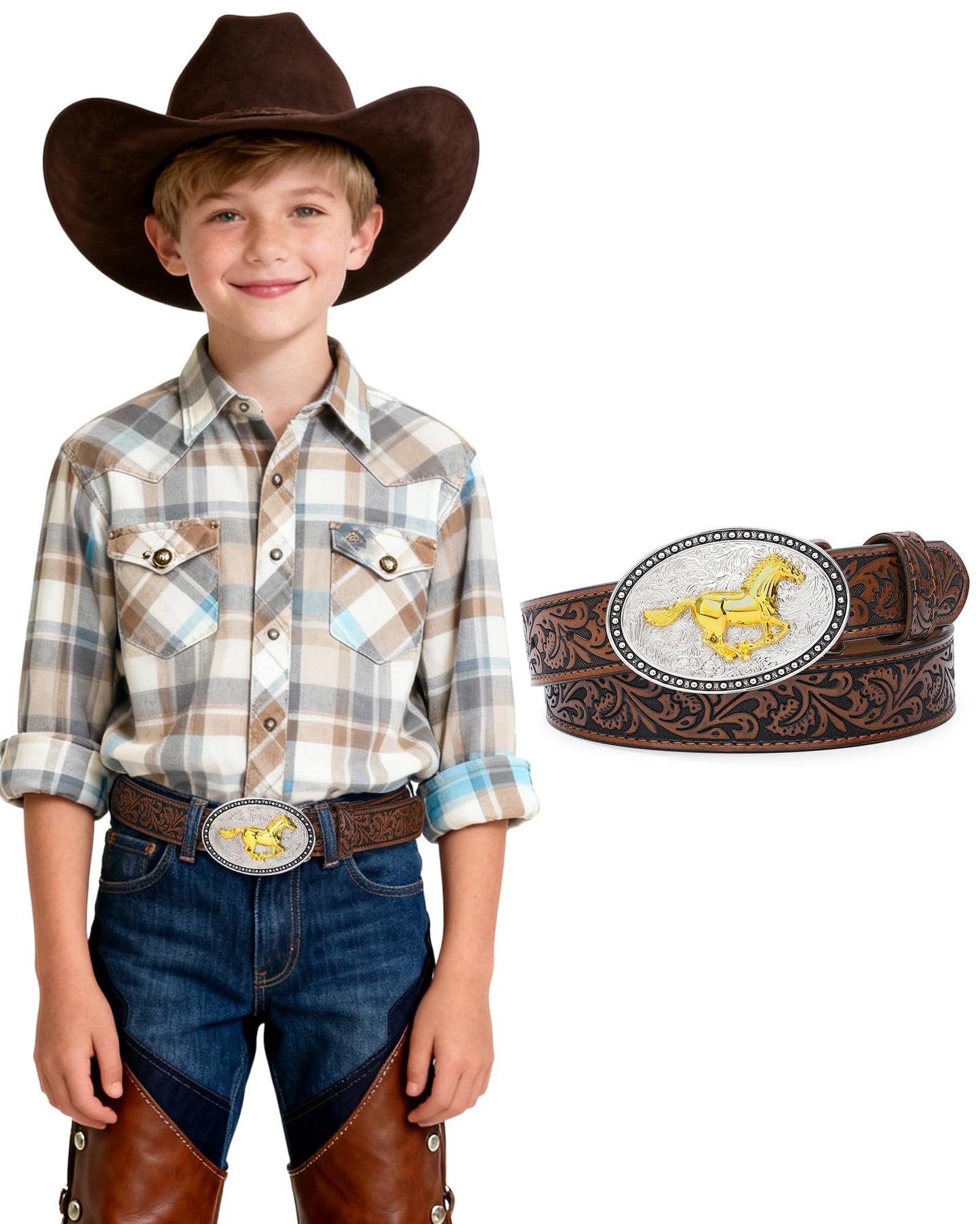 AWAYTR Kids Western Belt with Detachable Buckle - PU Leather, 3 Sizes (23"-34.5"), Adjustable for Daily Wear & Halloween (Horse Buckle-Dark Brown, Fit Waist: 23"-26")