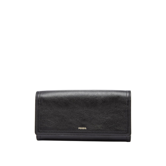 Fossil Women's Wallet, Logan Leather Wallet RFID Blocking Flap Clutch Organizer, Black