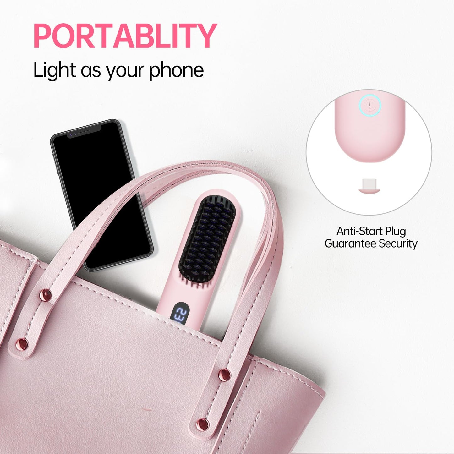 Cordless Hair Straightener Brush-Portable Straightening Comb, 9600mAh Batt, Plasma Tech, 9 Temp-Settings & LED Display, for Travel & Home(Pink)