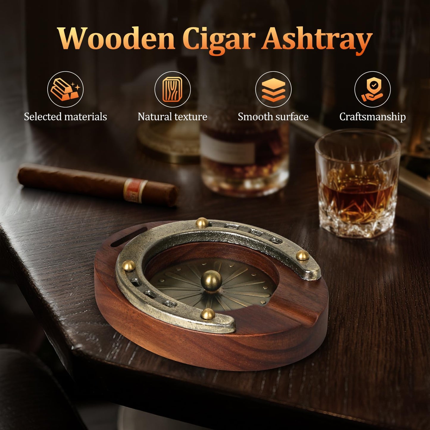 SEMKONT Cigar Ashtray, Horseshoe Wooden Portable Ashtray with Cutter, Zinc Alloy Anti-scald Gasket, Cigar Slot and Holder for home, office, bar and outdoor (Brown-Portable Ashtray)