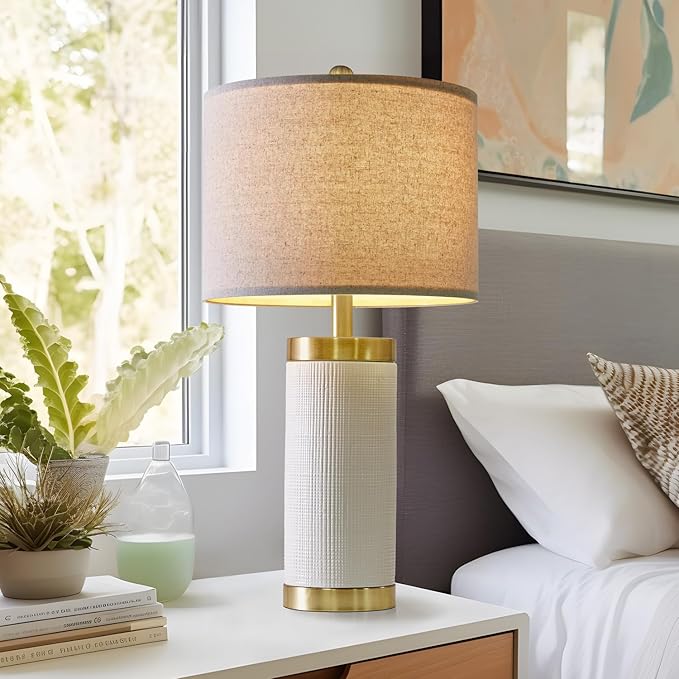 24.5 inches Modern Ceramic Bedside Lamp Set of 2 for Bedroom Decor Farmhouse Table Lamp for Living Room Office Dorm