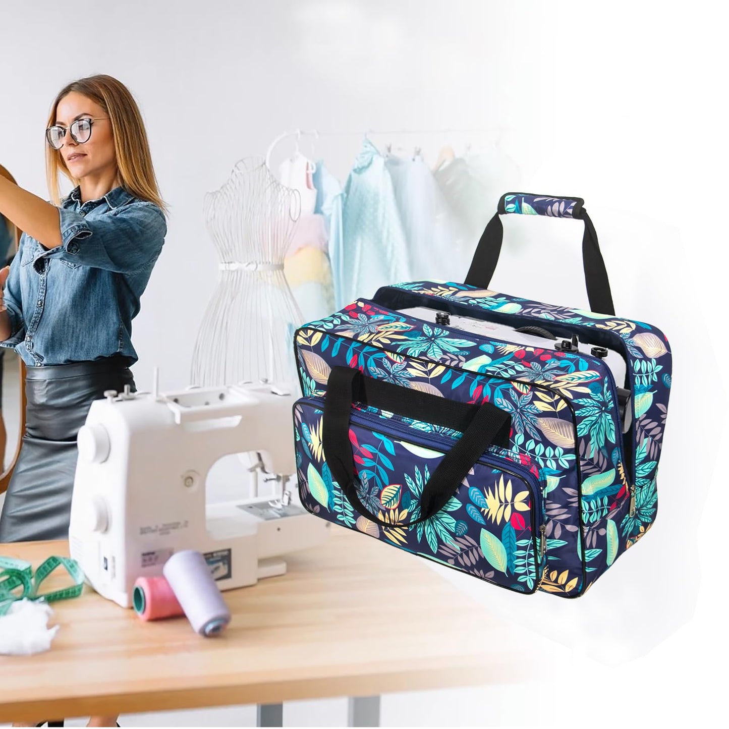 Haroranax Sewing Machine Carrying Case, Sewing Machine Carrying Case Tote Bag, Universal Tote Storage Bag with Pockets and Handles, Suitable for Most Standard Singer, Janome (Light Blue)