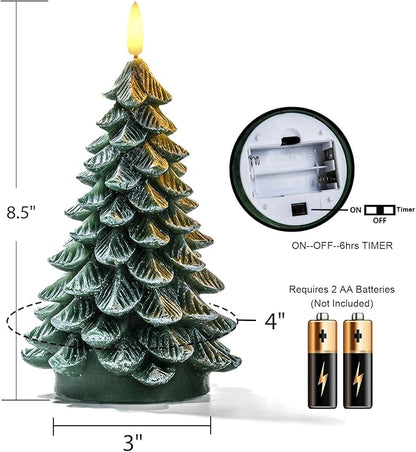 Homemory Christmas Tree Candles with 6 Hours Timer, 2 Pcs Waxy LED Flameless Candles Flickering, Green Electric Candles Battery Operated for New Year Celebration Holiday Decorations 8.5 Inches