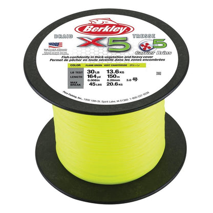 Berkley x5 Braid Superline, Low-Vis Green, 30-Pound Break Strength, 328yd Fishing Line, Suitable for Freshwater and Saltwater Environments