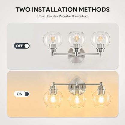 VONLUCE Bathroom Light Fixtures, 3-Light Vanity Light with Globe Glass Shades E26 Sockets, Bathroom Lights Over Mirror for Bedroom Hallway Living Room, Brushed Nickel Finish, ETL Certificated