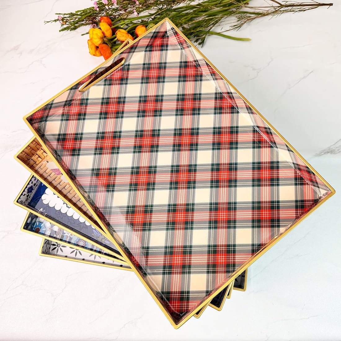 Umisriro Rectangular Decorative Tray with Handles, Plastic Serving Tray for Living Room, Home Decor, Christmas，15.7" x 11.8" Red Plaid