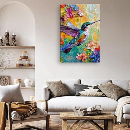 2D No Texture Colorful Painting Hummingbird Canvas Wall Art, Spring Flower Wall Decor, Cute Hummingbird Poster Picture for Wall Living Room Bathroom Bedroom Home Decoration 12*18 in (Poster No Frame)