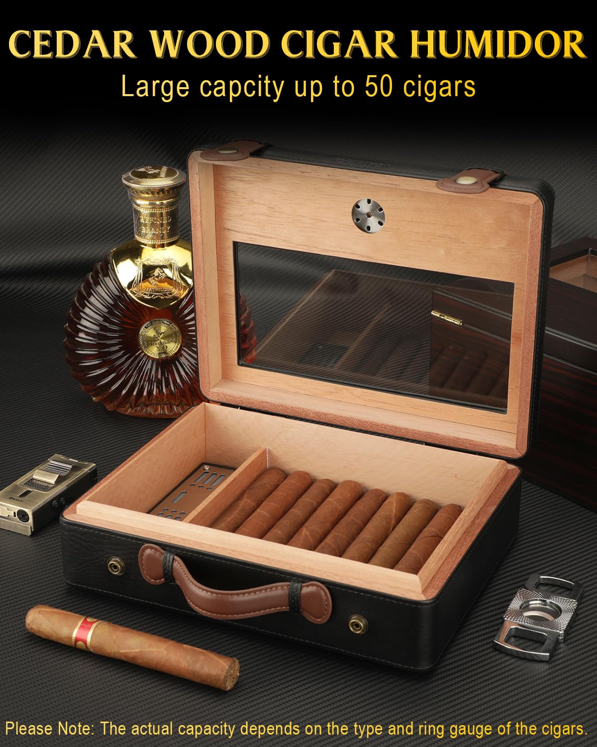 FANKAI Cigar Humidor, Cigar Box with Hygrometer Humidifier and Divider, Glass Top Cedar Wood Storage Case for 30pcs-50pcs Cigars,Travel Cigar Accessories