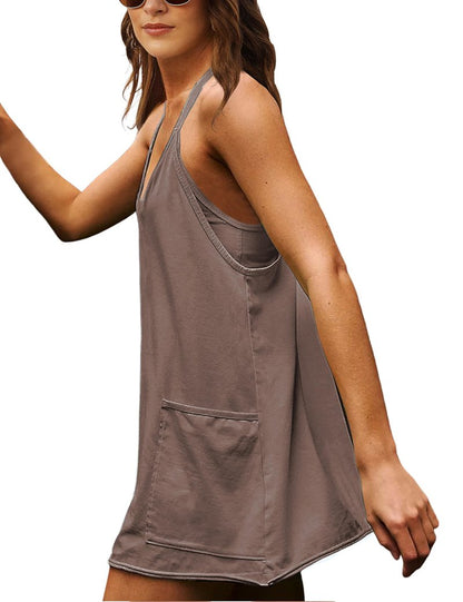 Lentta Womens Athletic Sleeveless Mini Dress with Built-in Shorts V Neck Spaghetti Strap Sundress(LightCoffee-XS)