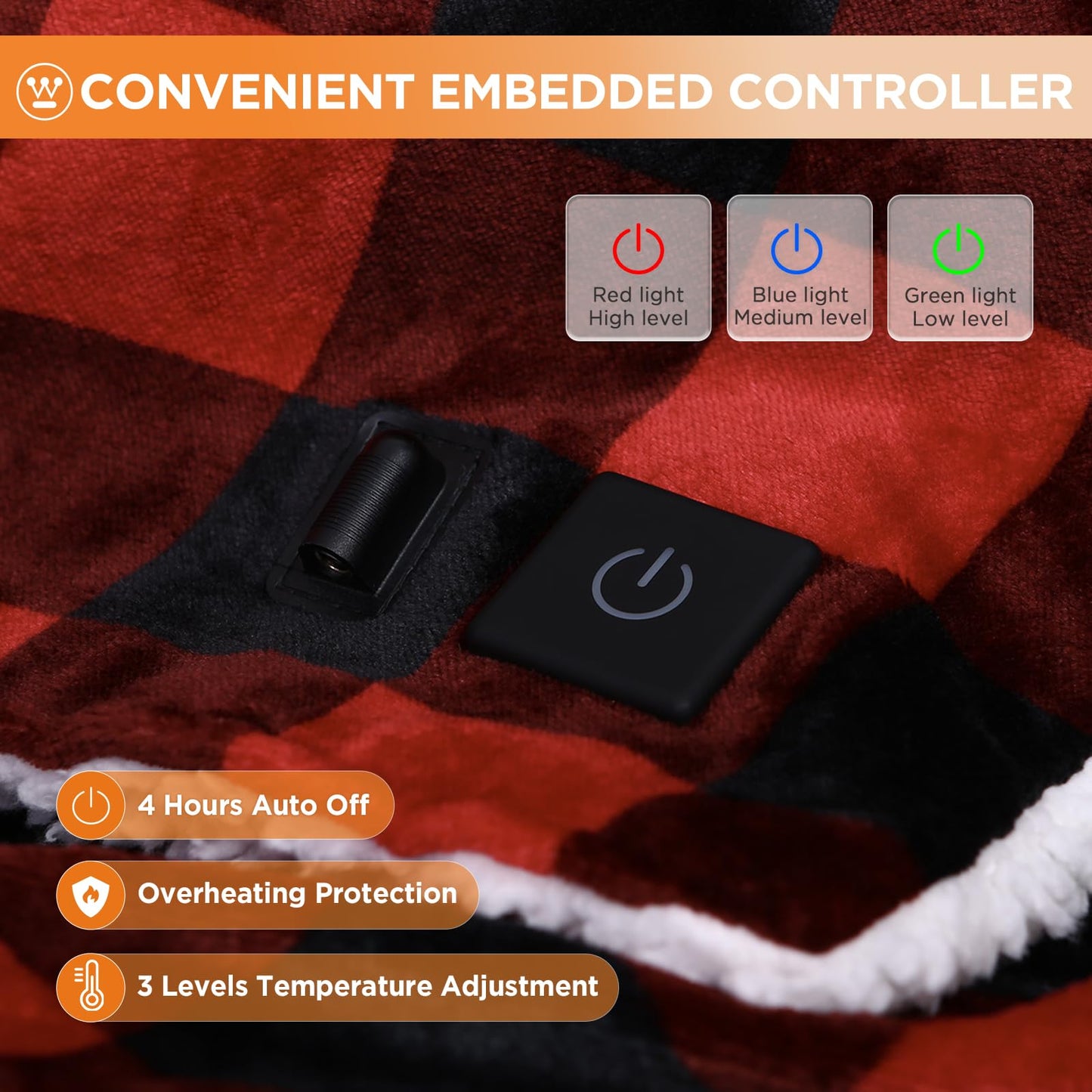 Westinghouse Heated Car Blanket, 12-Volt Electric Blanket for Car, Truck, SUV, RV, Portable Heated Throw for Camping, Grey Buffalo Plaid, 59" x 43”