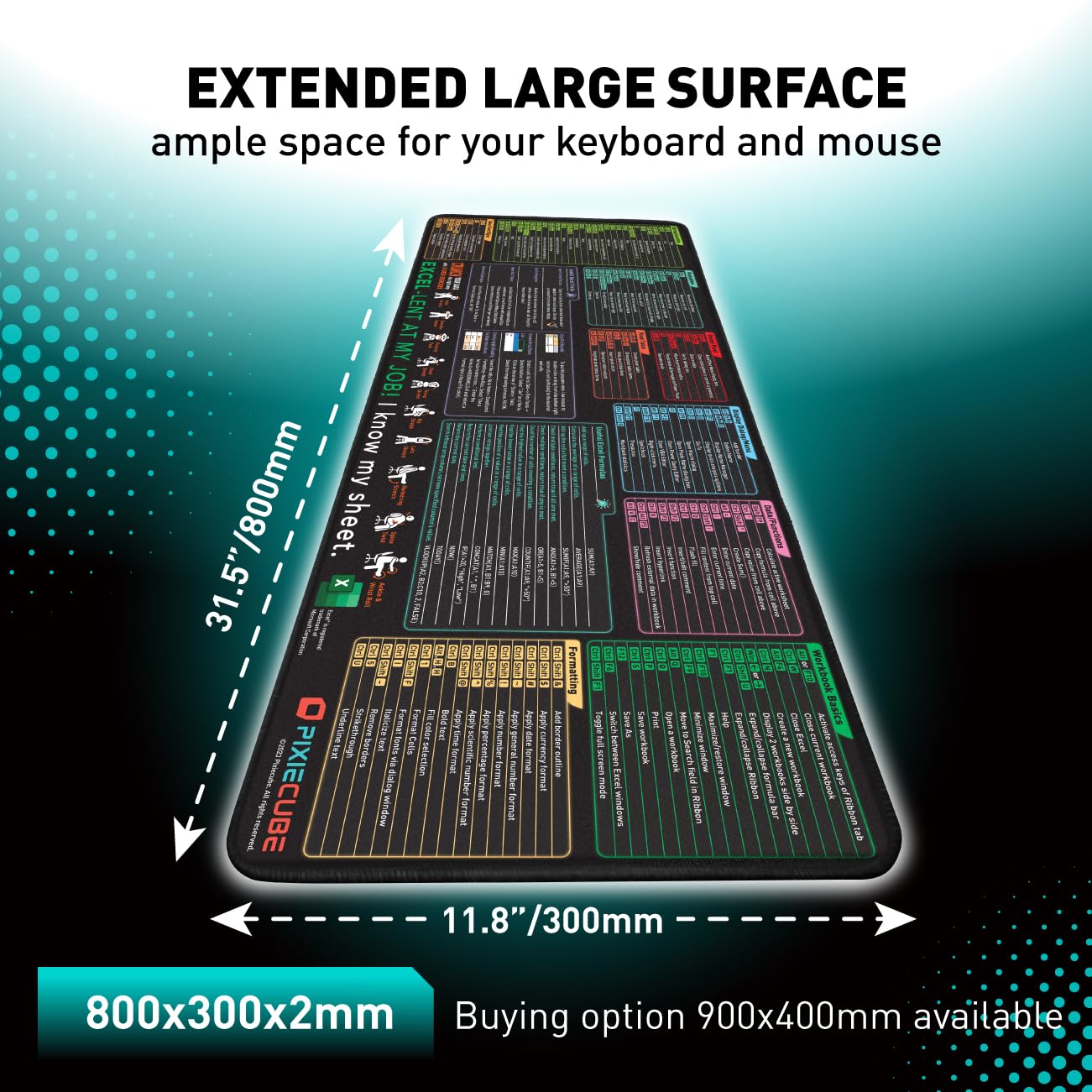 Pixiecube Excel Shortcut Keys Mouse Pad - Extended Large XL Cheat Sheet Gaming Mousepad | PC Office Spreadsheet Keyboard Mat | Non-Slip Stitched Edge