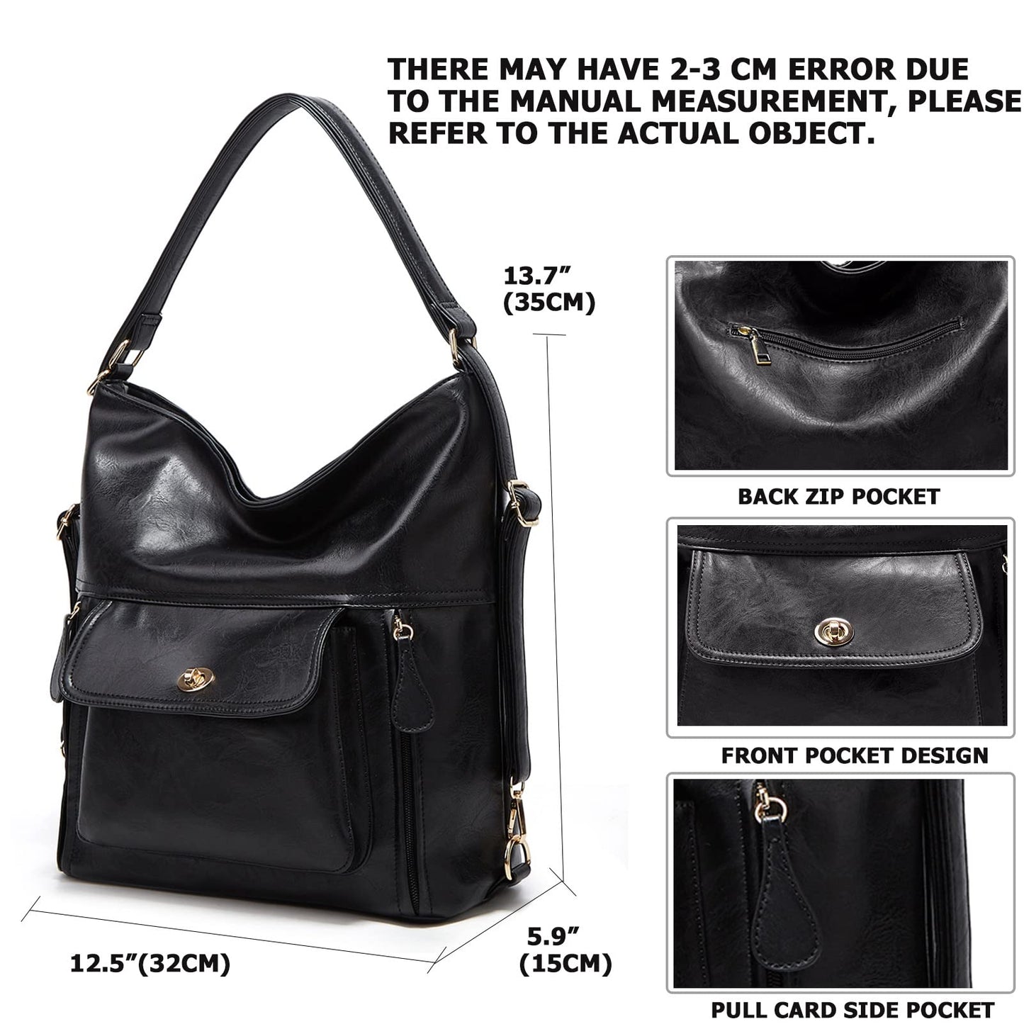 myfriday Vintage Leather Fashion Backpack Purse for Women Large Capacity Convertible Backpack Travel Daily Daypack (Black)