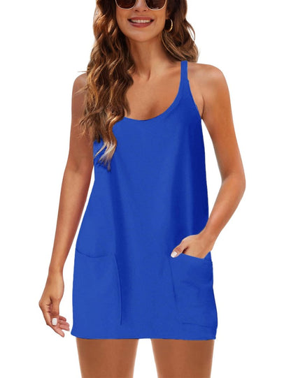 Lentta Womens Athletic Sleeveless Mini Dress with Built-in Shorts V Neck Spaghetti Strap Sundress(KleinBlue-M)