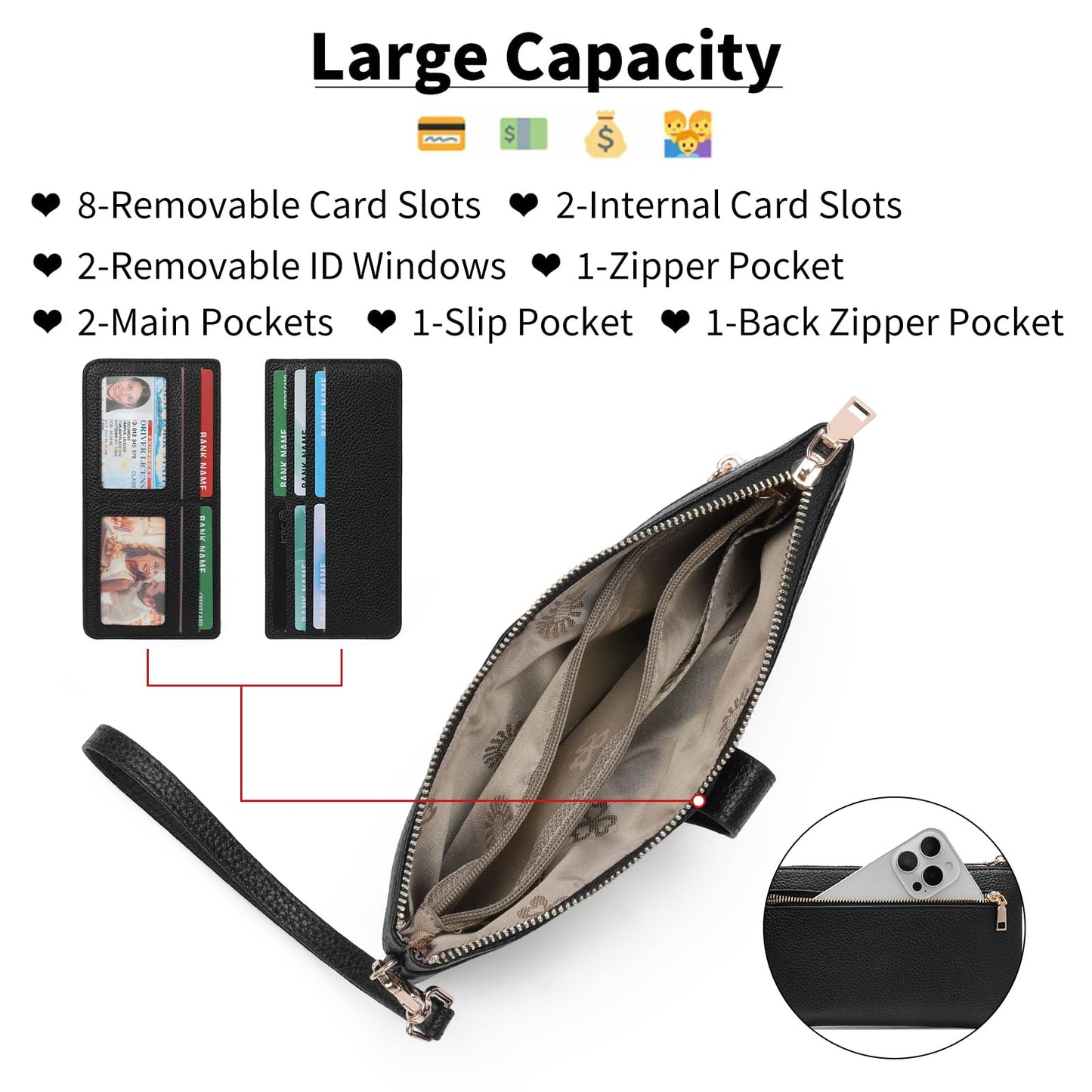 GAEKEAO Wristlet Wallets for Women Clutch Purses RFID Blocking Vegan Leather Card Phone Holder with 10 Card Slots 2 ID Window