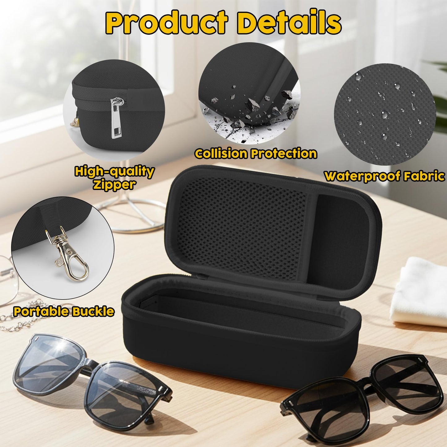 bipkonu Double Eyeglasses Case,Hard Shell Glasses Case Travel Sunglasses Organizer with Adjustable Slot & Clip for Men Women, Black