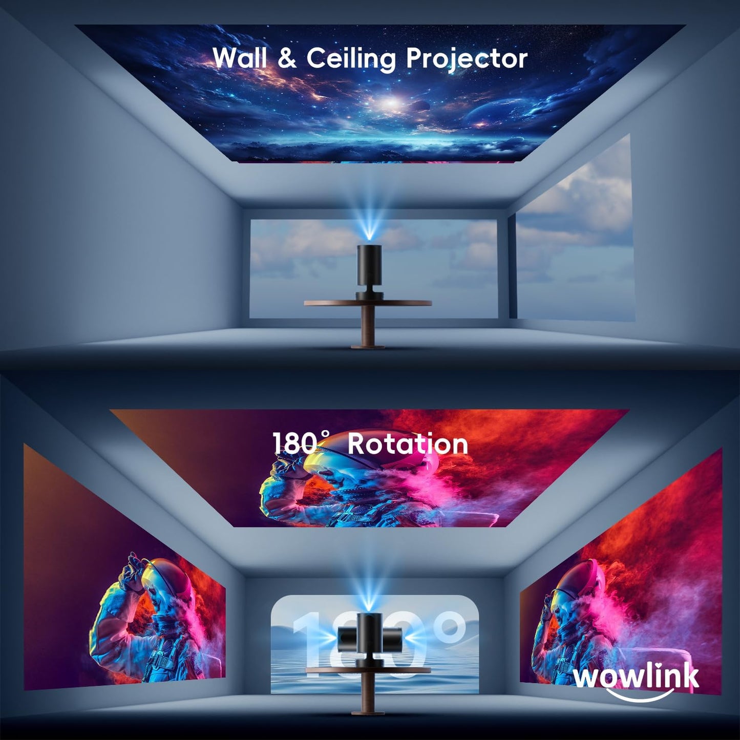 [Built-in Apps & 2025 Upgraded] Mini Projector with WiFi 6 and Bluetooth 5.4 Support 4K 1080P Auto Keystone 180° Rotatable Projector Portable Compatibile with HDMI/TV Stick/Memory Stick/Laptop, Black