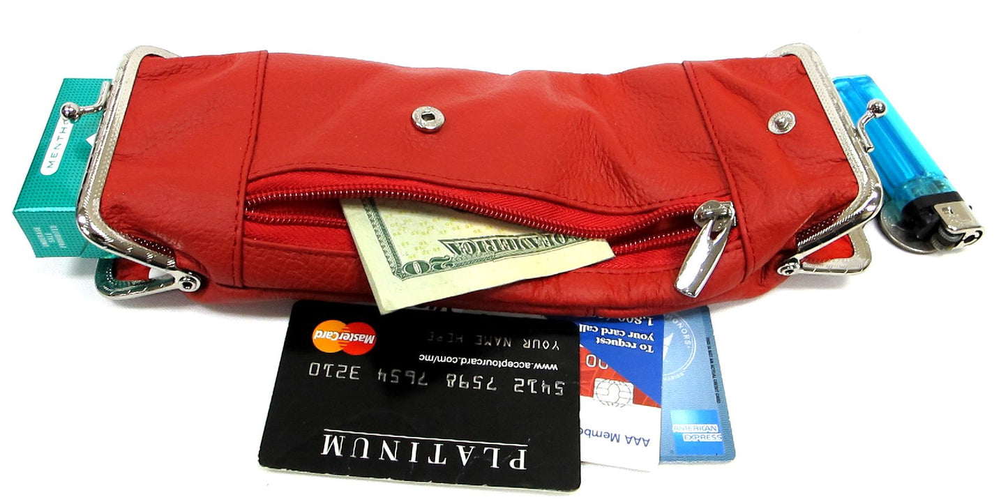 Deluxe Genuine Leather Cigarette and Lighter Case with Zipper Pocket Twist Clasp Kiss Lock Closure Fit 100's -Red