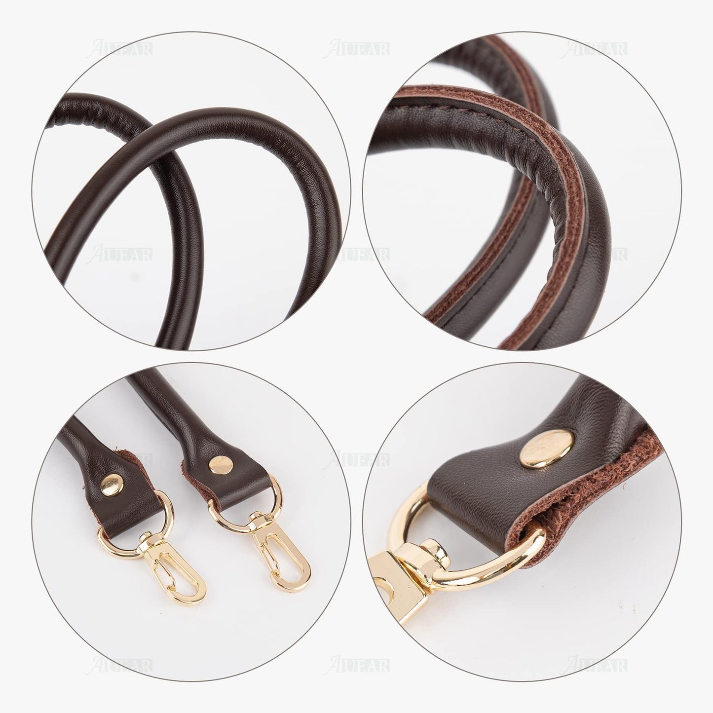 AUEAR, 2 Pack Purse Straps Replacement Leather Handbag Handles Dark Brown with Gold Metal Lobster Buckles