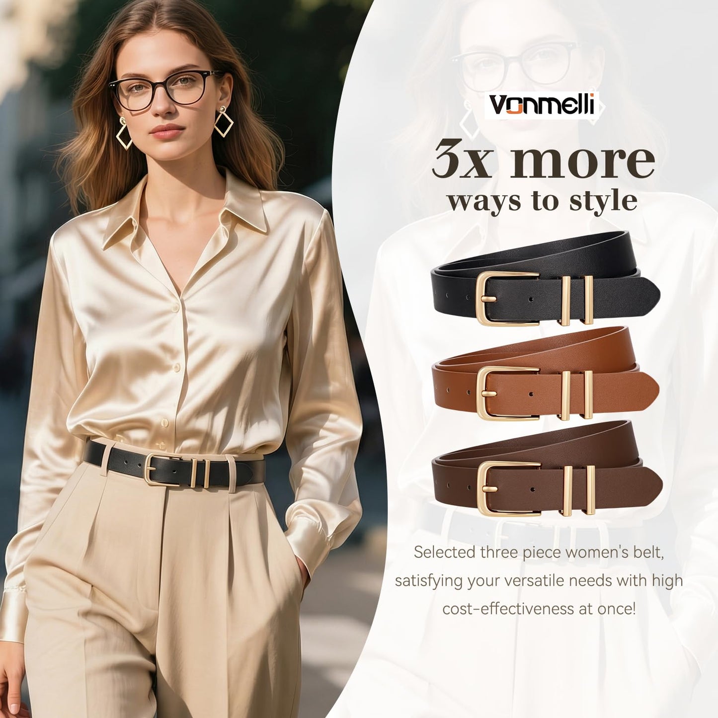 VONMELLI 3 Pack Women's Belts for Jeans Pants Fashion Gold Buckle Ladies Dress Belt, Black+Brown+Coffee S