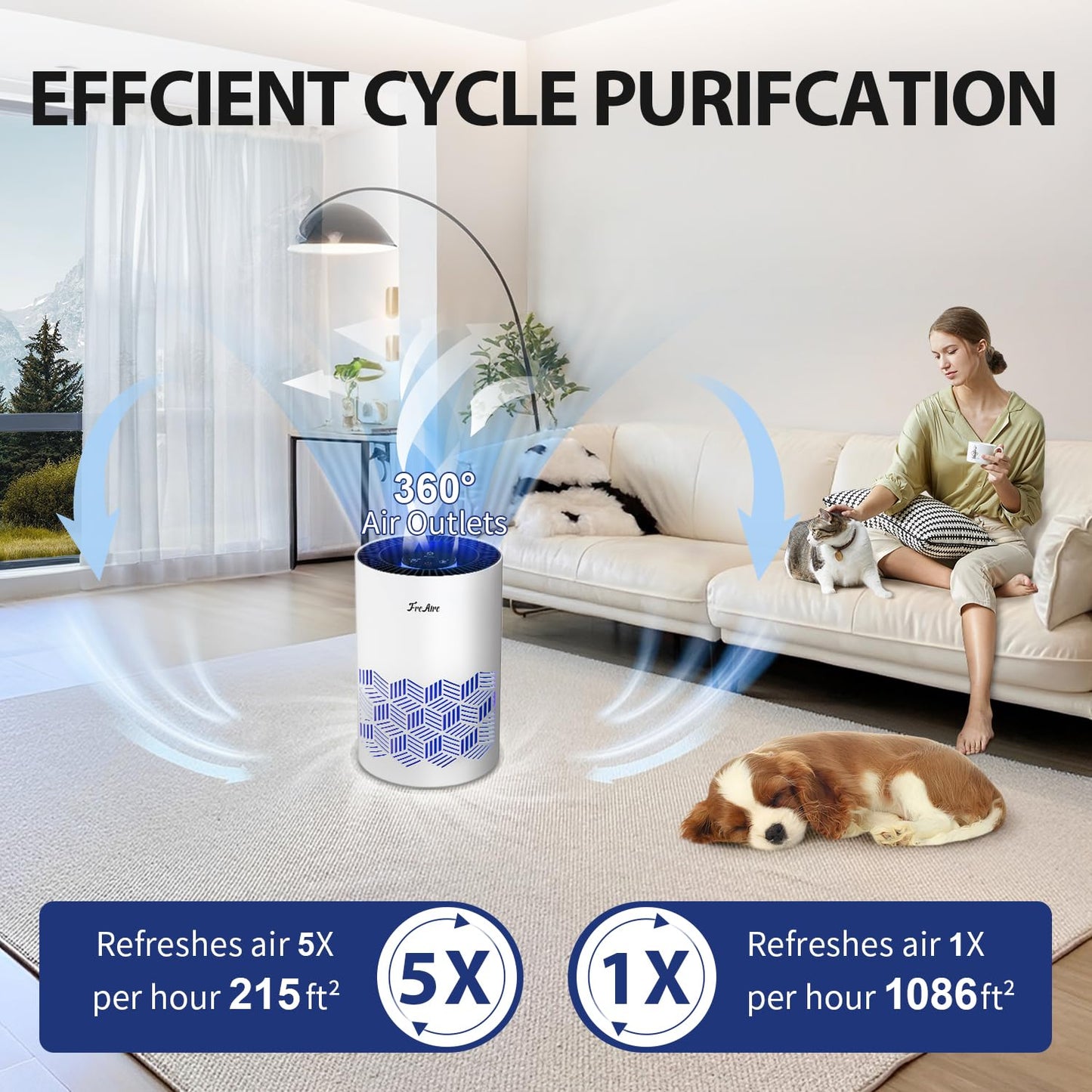 FreAire Air Purifiers for Bedroom Covers Up to 1086 Ft², Air Purifiers for Home, HEPA Air Purifier with Lights, Air Purifier Removes Dust Smoke Pollen Dander Smell, for Home/Pets/Bedroom (Black)