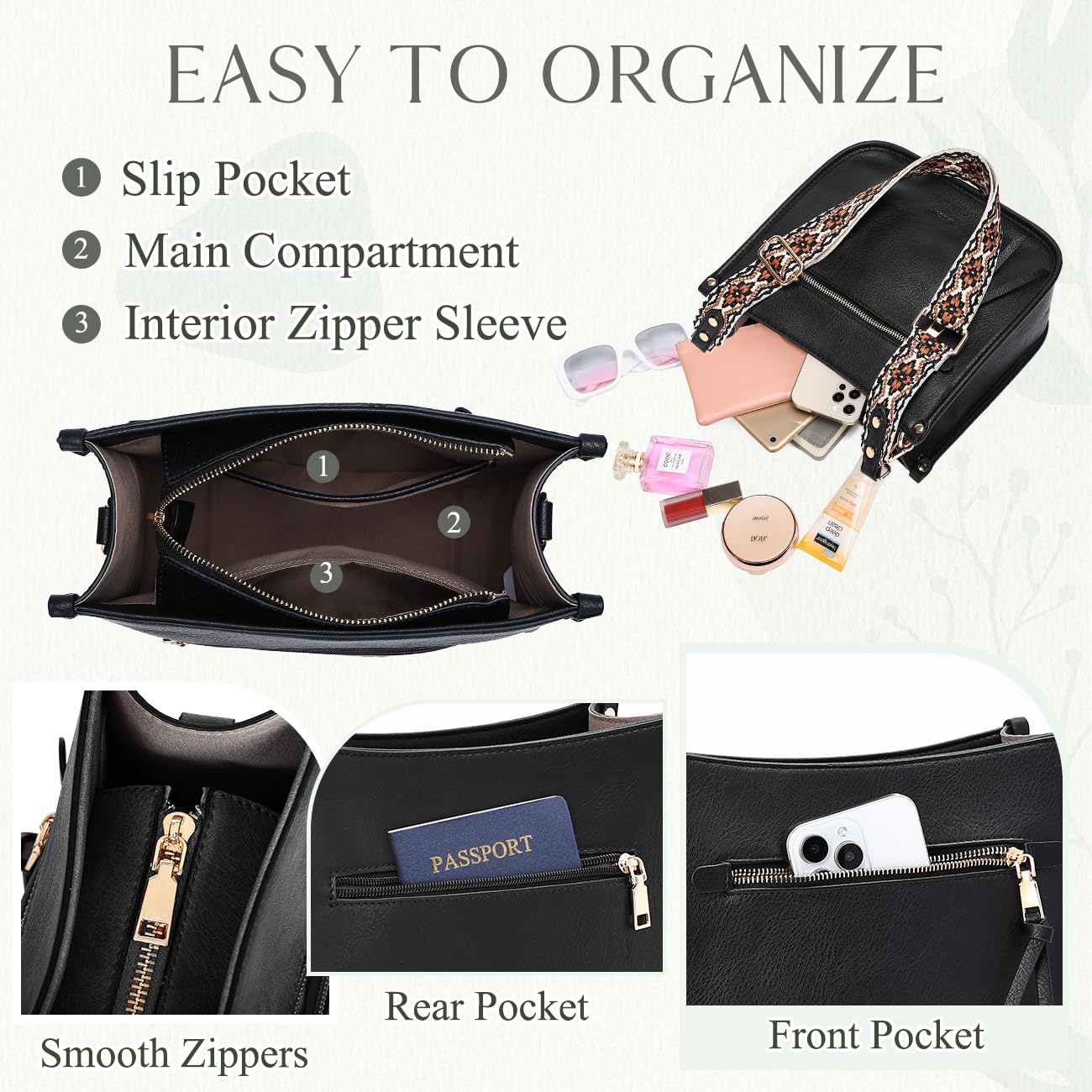 VASCHY Crossbody Bag Purse for Women,Fashion Vegan Leather Hobo Handbag Shoulder Bag Purse with Guitar Strap Beige