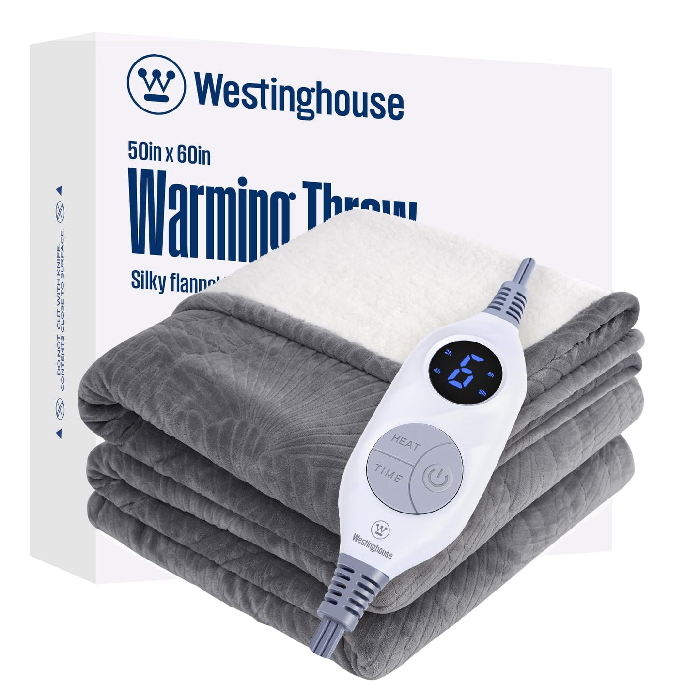 Westinghouse Heated Throw Blanket, Flower Jacquard Electric Blanket Throw with 6 Heating Levels and 2-10 Hours Auto-Off, Flannel to Sherpa Super Cozy Heated Blanket, Machine Washable (50" x 60" Beige)
