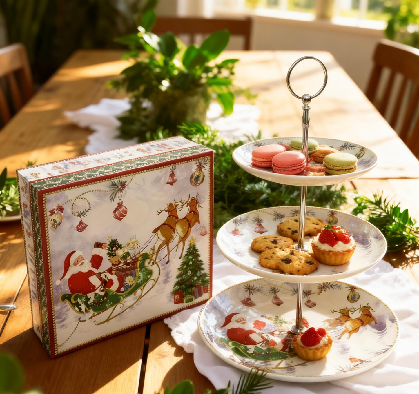 3-Tier Round Porcelain XMAS Cake Fruit Stand Plates with Gift Box, Cupcakes Serving Display Set, Christmas White Pastry Tray Towers Platter for Desserts Appetizer Candy Buffet for Wedding & Home Party