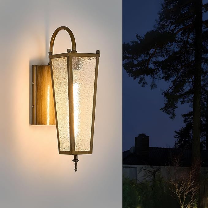 Outdoor Wall Light, Vintage Gold Metal Sconce, 17.1in Exterior Waterproof Lantern with Clear Glass, Farmhouse Porch Wall Mount Lighting for Garage, Patio, Front Door