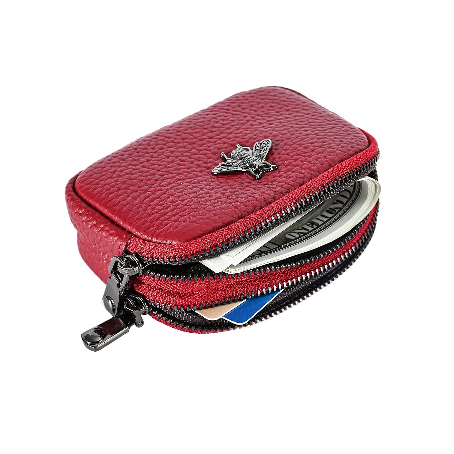 Yocipa Genuine Leather Coin Purse for Women Small Double Zipper Wallet Mini Change Pouch with Bee Charm for Cash Cards Keys Cute Compact Organizer (Wine Red)