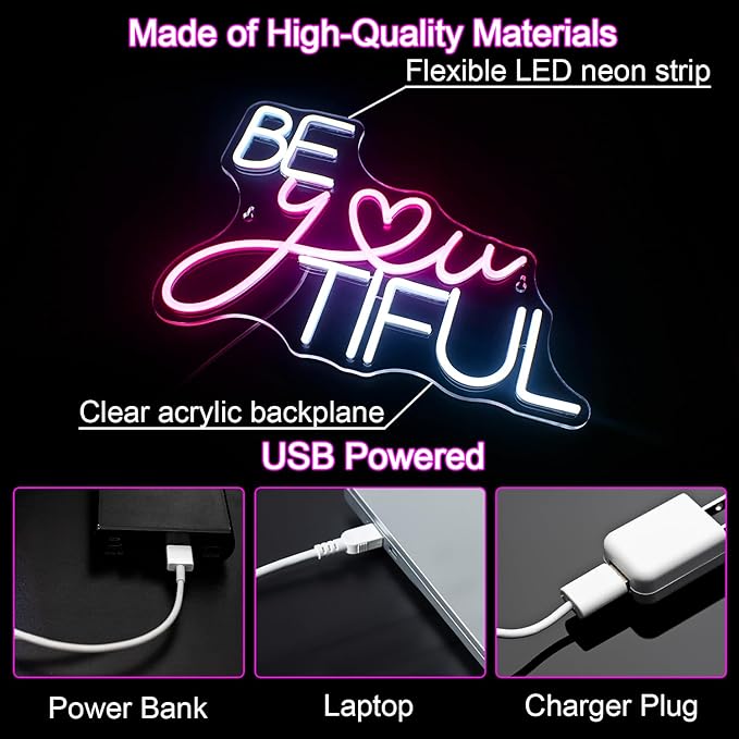 Horseneon Be You Tiful Neon Led Sign, Rectangular Pink Neon Light Sign, 16.5''*11.6'', Wall Mount, Modern Love Theme, USB Powered, Acrylic Material, Perfect for Room Decor, Salon, Party, Gift