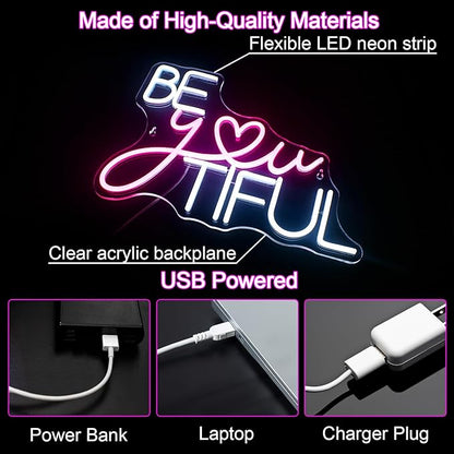 Horseneon Be You Tiful Neon Led Sign, Rectangular Pink Neon Light Sign, 16.5''*11.6'', Wall Mount, Modern Love Theme, USB Powered, Acrylic Material, Perfect for Room Decor, Salon, Party, Gift