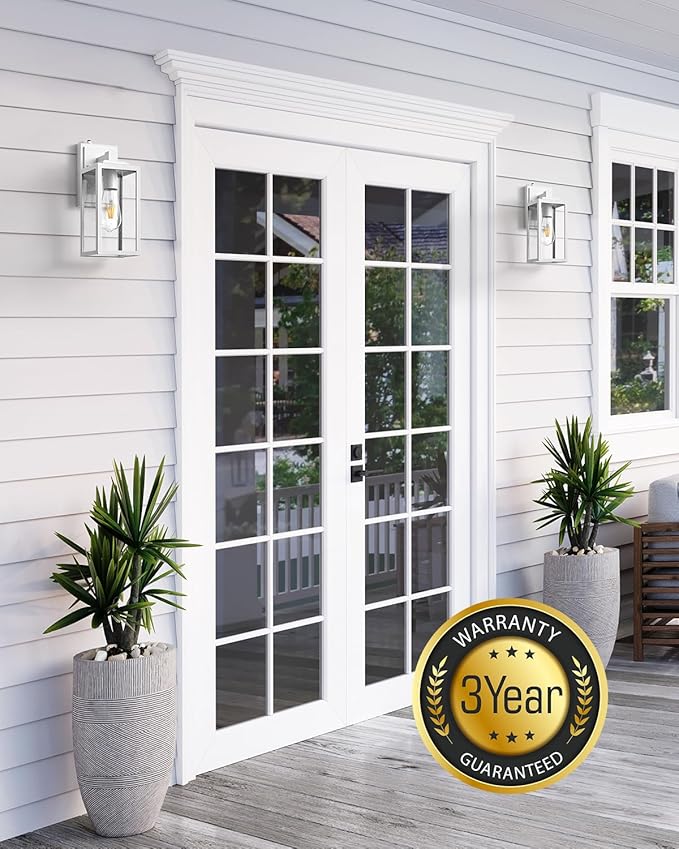 VIANIS 2 Pack White Dusk to Dawn Outdoor Wall Lantern, Waterproof Modern Outdoor Lighting Fixture Wall Mount for Garage, Anti-Rust Exterior Sconce Light with Tempered Seeded Glass for Entryway