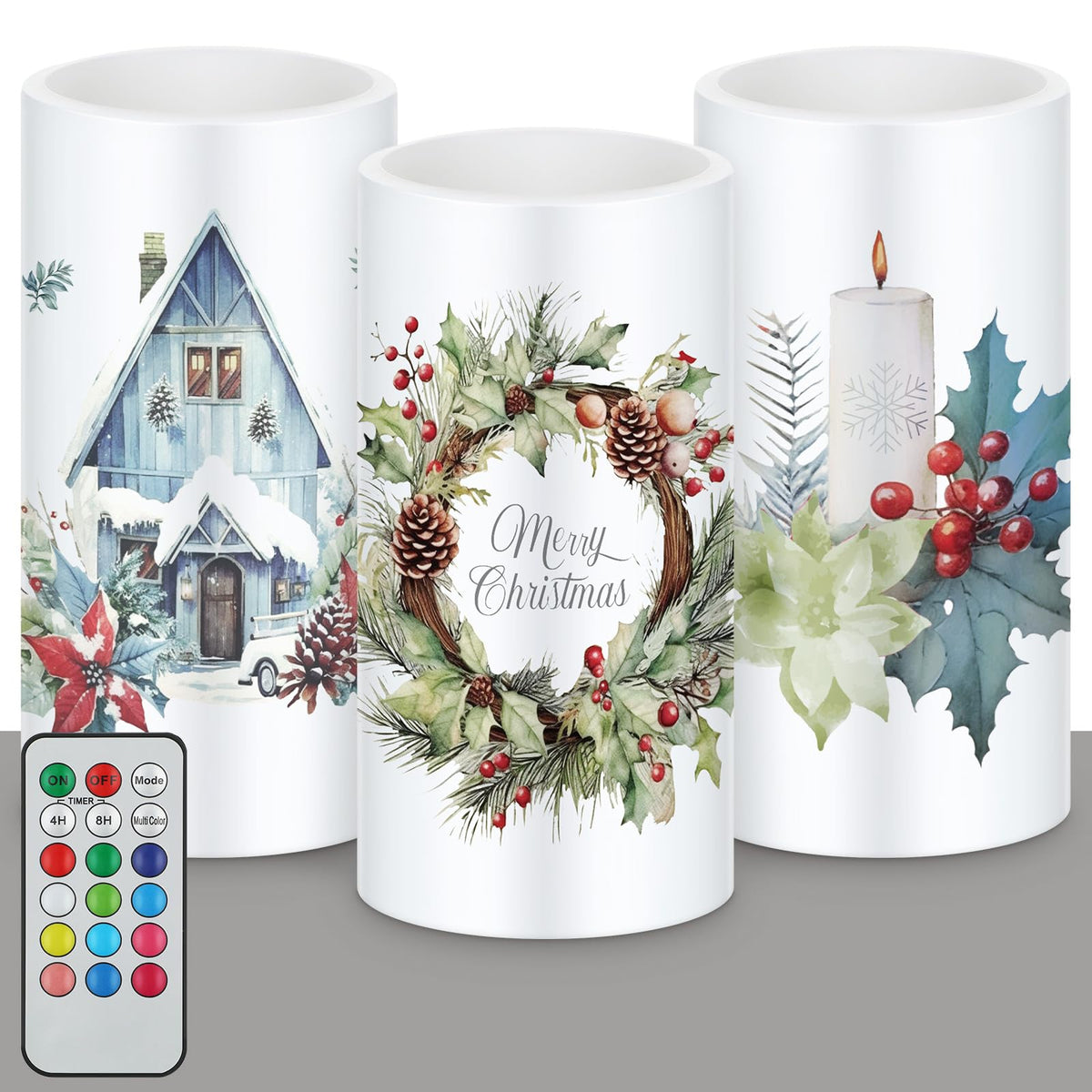 Retisee 3 Pcs Farmhouse Christmas Flameless Candles with Remote Rustic Christmas Battery Operated LED Candles Farmhouse Xmas Decor for Rustic Xmas Holiday Dining Table Bedroom Living Room
