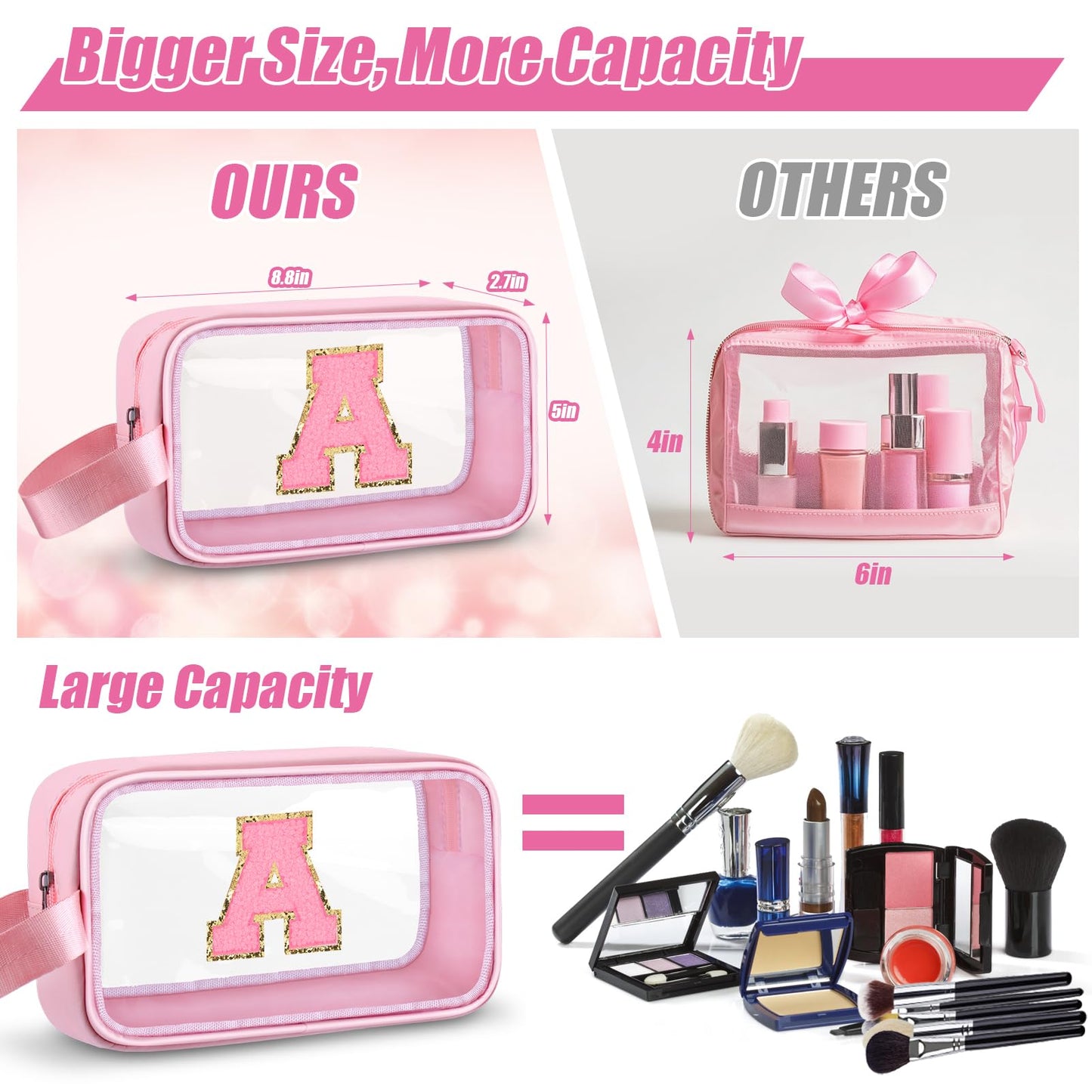 Vodolo Initial Makeup Bag,Letter A Cute Clear Monogrammed Cosmetic Travel Bag for Womens Girls,Personalized Pink Aesthetic Traveling Make Up Organizer Bag for Beach,Waterproof Toiletry Bag