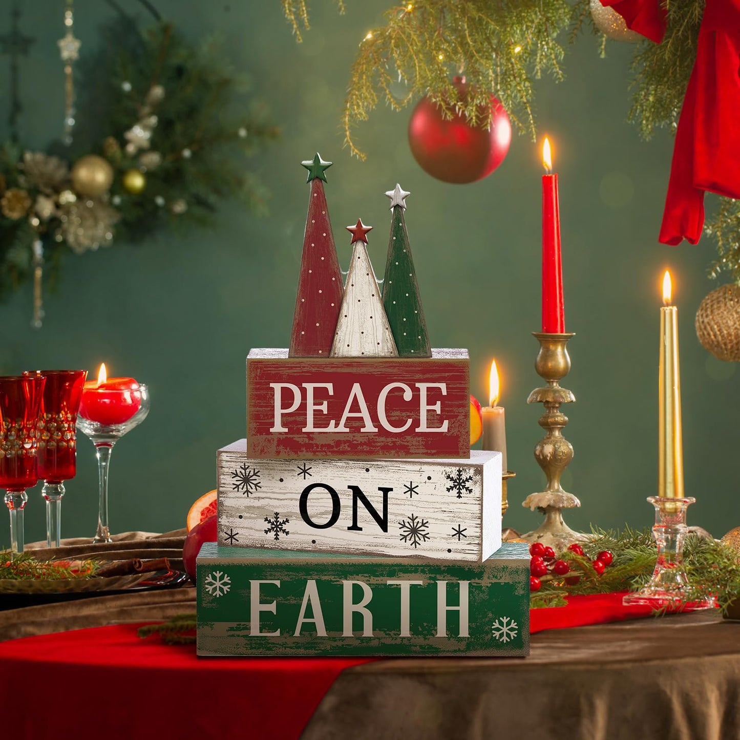 Lineshading 4 Pcs Christmas Table Decoration Wooden Christmas Tree Sign Winter Tiered Tray Decor Decorative Red Green and White Tree Block Signs Xmas Table Centerpiece Farmhouse Decor for Home Kitchen