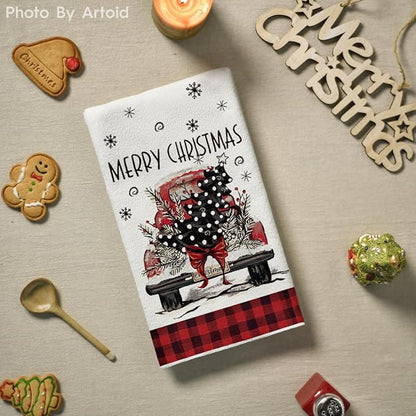 Artoid Mode Red Snowman Xmas Trees Santa Claus Truck Merry Christmas Kitchen Towels Dish Towels, 18x26 Inch Farmhouse Decoration Hand Towels Set of 6
