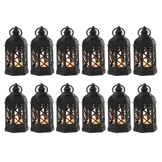 Reperla 12-Pack Mini Lanterns with Flickering LED Candles for Ramadan, Moroccan Decorative Hanging Lanterns for Halloween, Christmas, Wedding, Black Lantern for Table Centerpiece, Home & Party Decor