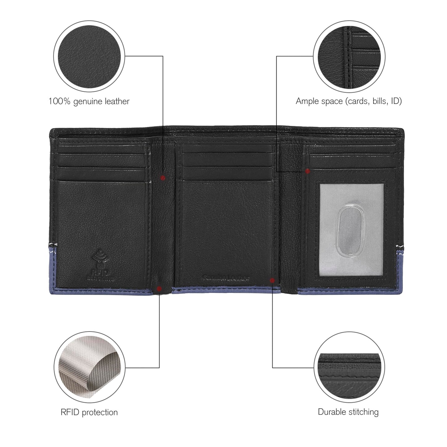 ESTALON Real Leather Trifold Wallet For Men-RFID Slim Tri Fold Wallets Minimalist 3 fold Credit Card Holder ID Window (Charcoal/Patriot)