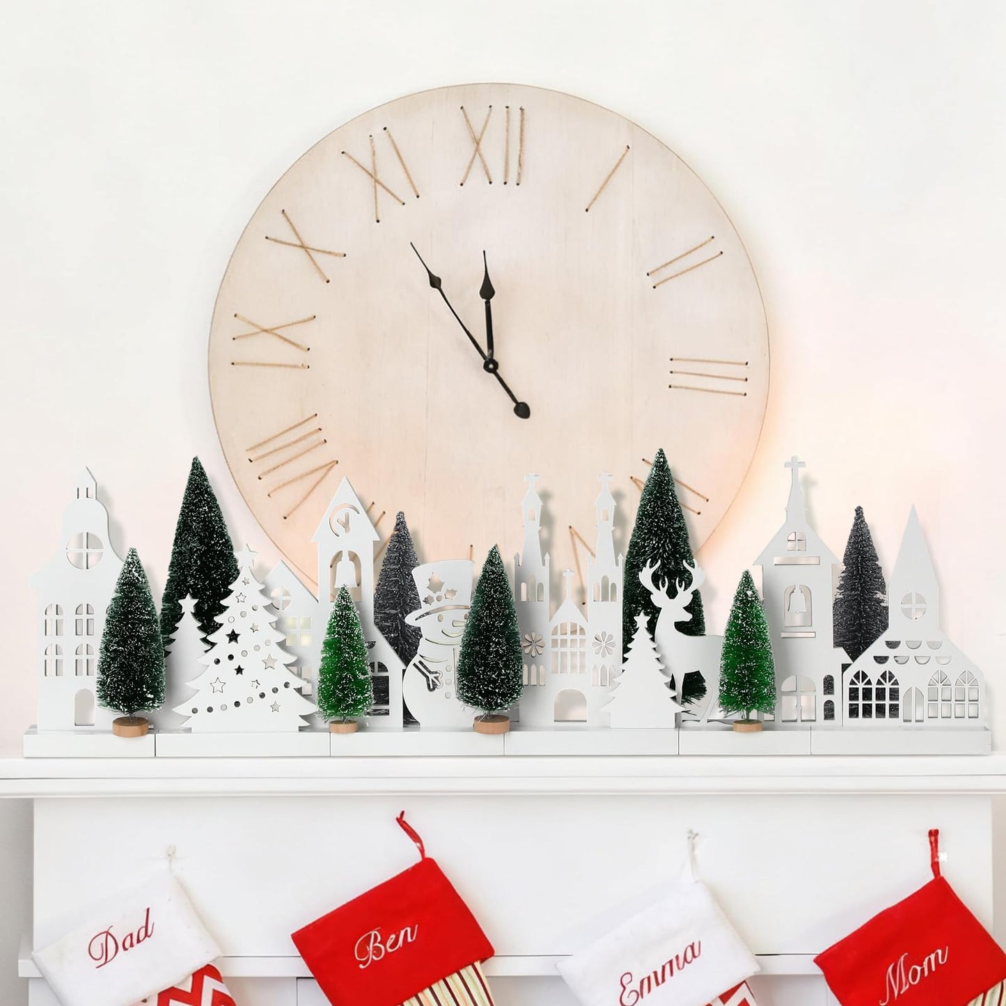 Kathfly 16 Pcs Christmas Village Set with White Base Christmas Village Houses Include Wooden Houses Tree Elk Cedar Pine and Snowmen Farmhouse Tabletop Decor for Decorative Signs Plaques Centerpieces