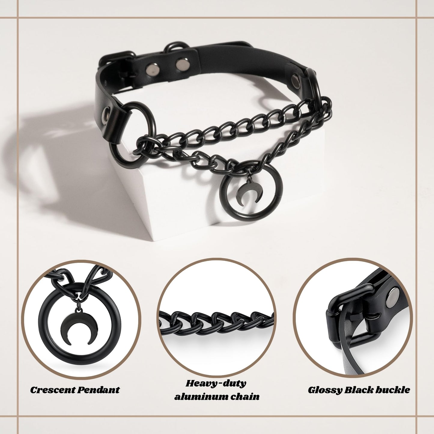 ADEMISHIA Black Gothic Chain Choker with O-ring and Moon Pendant, Punk Grunge Emo Leather Necklace For Women