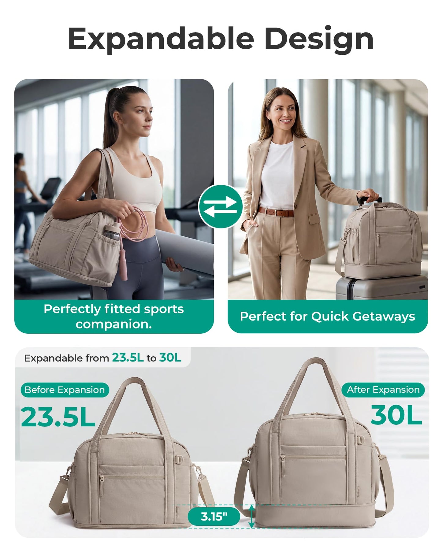 BAGSMART Expandable Personal Item Travel Bag, Lightweight Gym Bag for Women, 24L Weekender Travel Duffle with Toiletry Bag, Carry on Overnight Duffel, Chocolate
