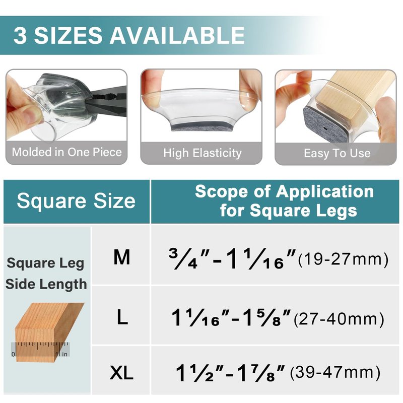 Ansible 24 Pcs Chair Leg Floor Protectors Square, Silicone Felt Furniture Leg Pads Caps Covers for Hardwood Floors (Fit:1-1/2" to 1-7/8")