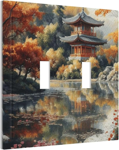 Decorative Art Light Switch Covers Lake & Pagoda in Fall 2 Gang Double Toggle Wall Plate Decorative Switchcover Electrical Switchplate for Home Decor