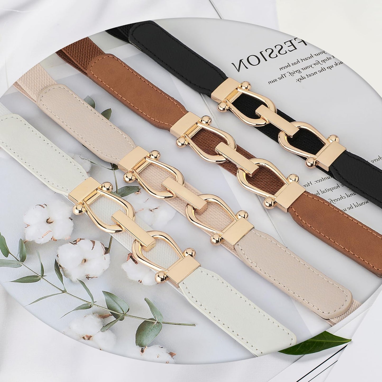JASGOOD Women Skinny Elastic Stretch Belts for Dresses Retro Ladies Waist Gold Buckle Thin Belts 3 Pack, Brown+Black+Beige