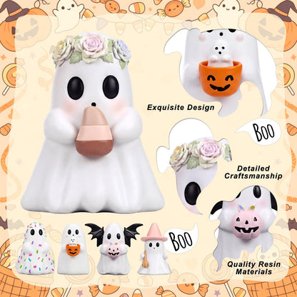 Simgoing 5 Pcs Halloween Cute Ghost Figurines Resin Pastel Halloween Decorations Ghost Figurine with Pumpkin Bucket, Witch Hat, Bat, Candy, Flower Spooky Statue Home Decor for Table Tiered Tray Mantel
