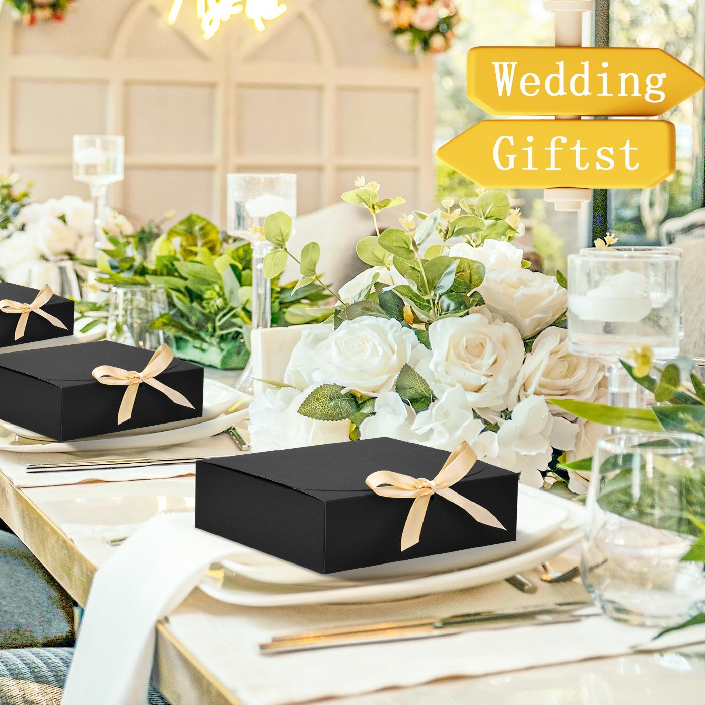 WLUSEAXI 10pack Gift Boxes with Lids, 6.5''x6.5''x2'' Black Gift Boxes For Presents, Paper Boxes Gift Boxes with Ribbon for Birthday Wedding Party Chocolate Candy