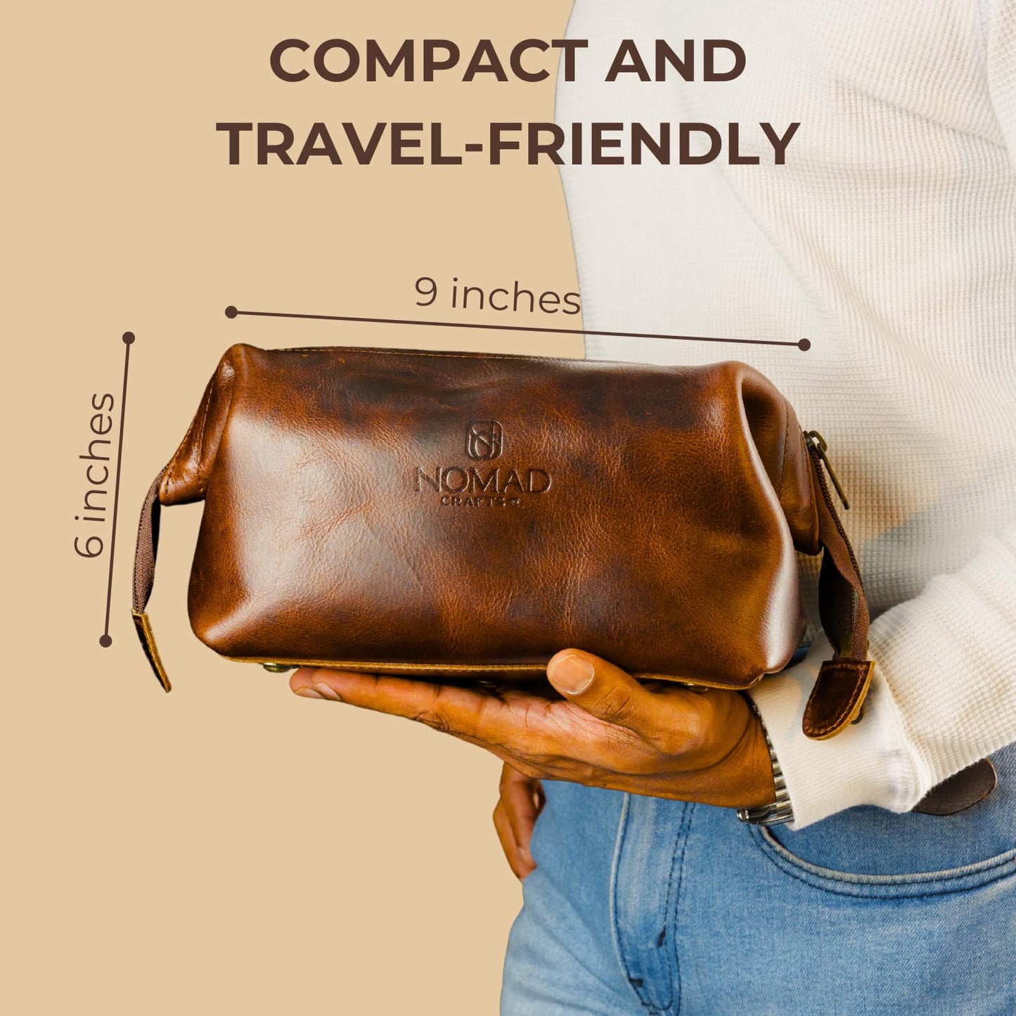 NomadCraftsCo. Premium Leather Travel Toiletry Bag for Men and Women, King-Size Dopp Kit with Waterproof Lining, Mens Toiletry Travel Bag