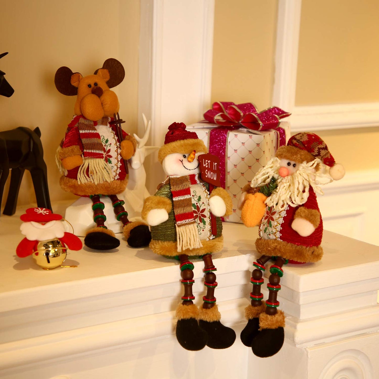 Sumind 3 Pcs Christmas Sitting Doll Santa Claus Snowman Reindeer Sitter Christmas Ornament with Long Legs Xmas Figurines Plush for Table Fireplace Home Decoration
