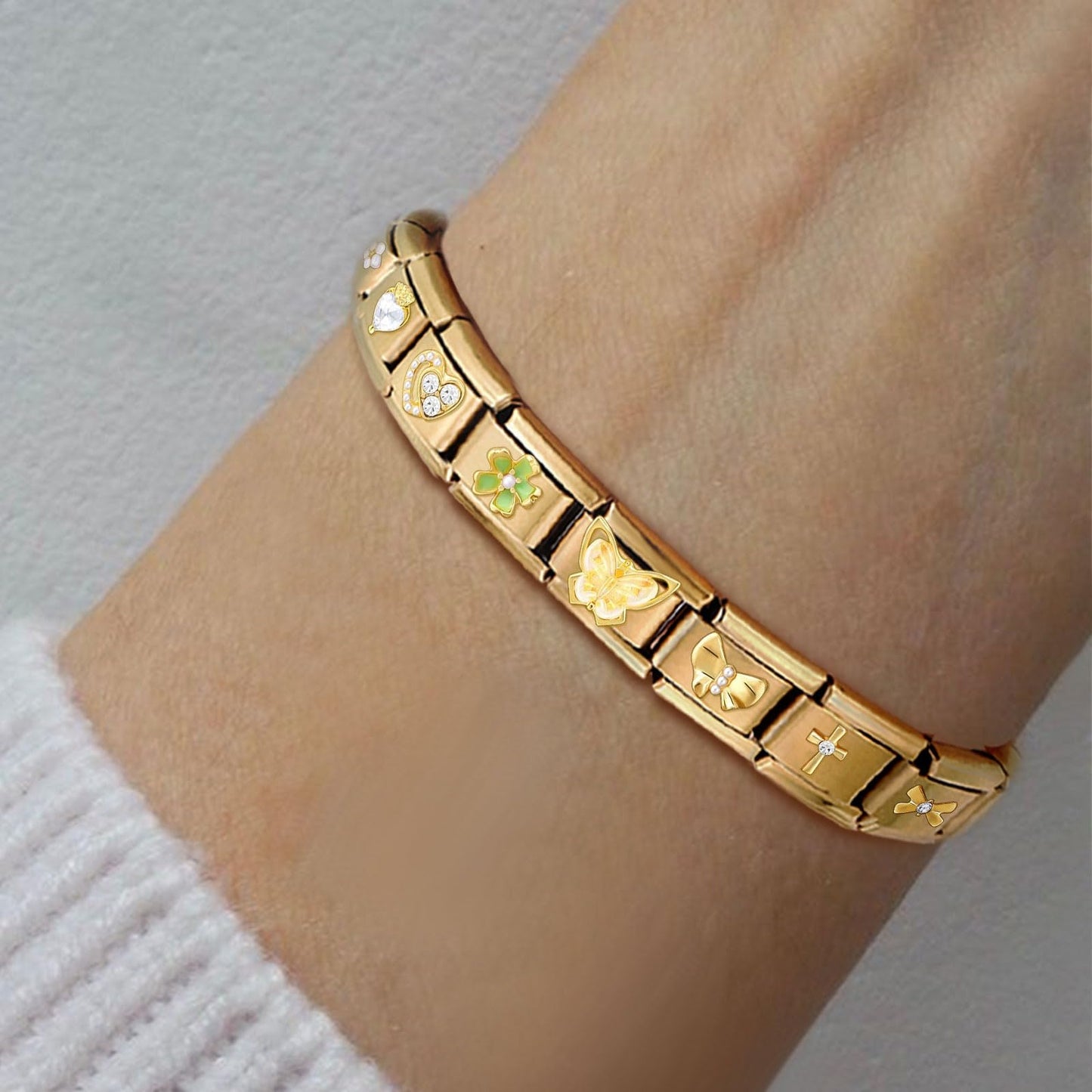 ITingstere Italian Charms Bracelet Sets with 1Pcs Gold Brascelet,20Pcs Charms and Opening Tools,9mm Italian Modular Charm Bracelet Link Handmade